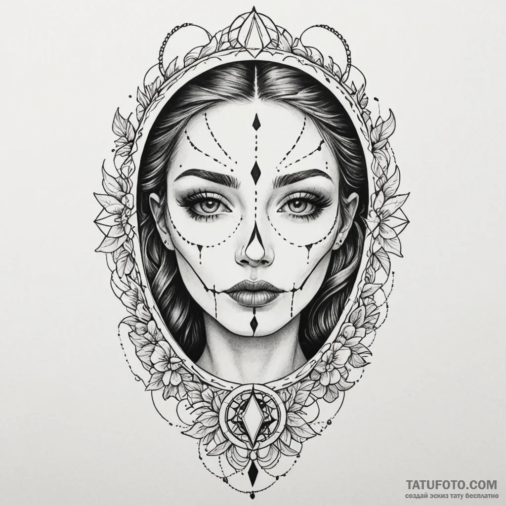 Onyx mirror reflecting bone face, tattoo line... - эскиз тату (№1749845905_0, 13.06.2025 20:18) — Tatufoto.com