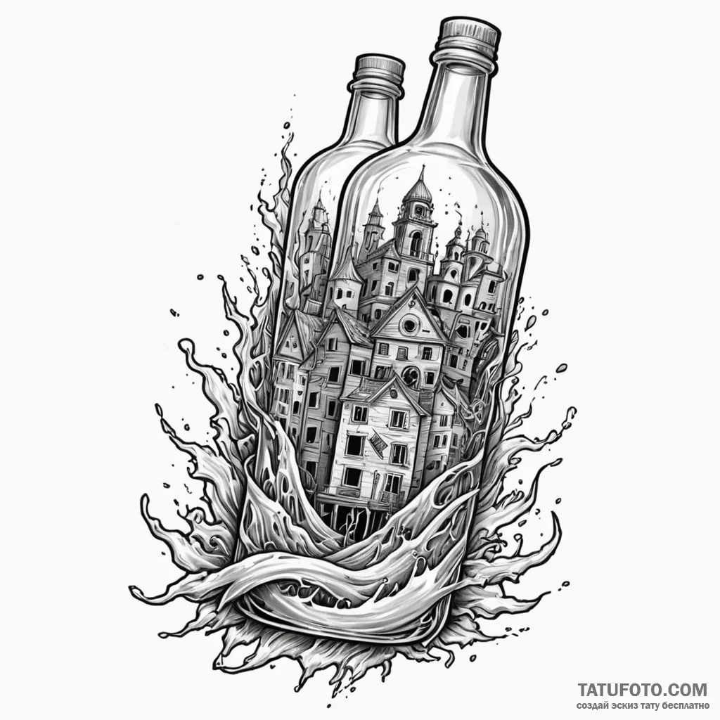 Liquor bottle with a submerged, abandoned cit... - эскиз тату (№1749848217_0, 13.06.2025 20:56) — Tatufoto.com