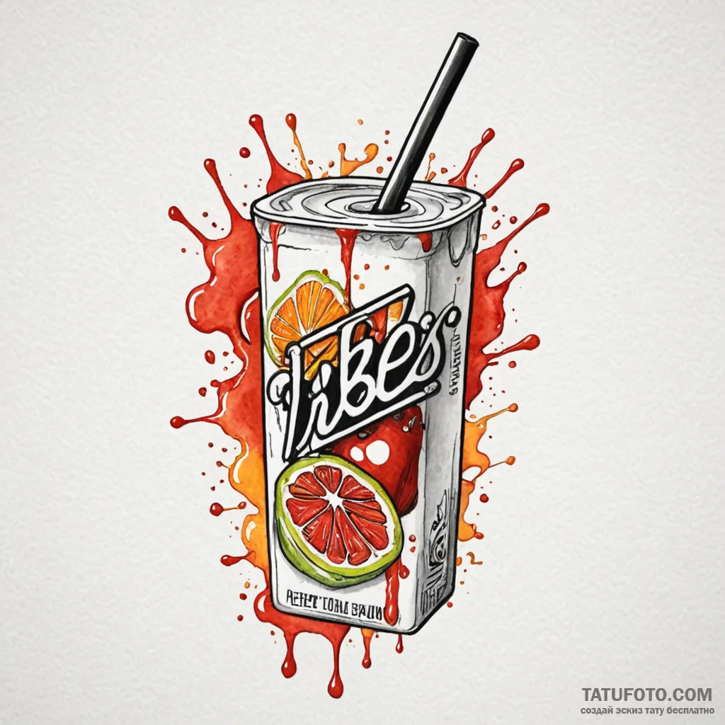 Juice box with a straw, label '100% vibes', t... - эскиз тату (№1749848490_0, 13.06.2025 21:01) — Tatufoto.com