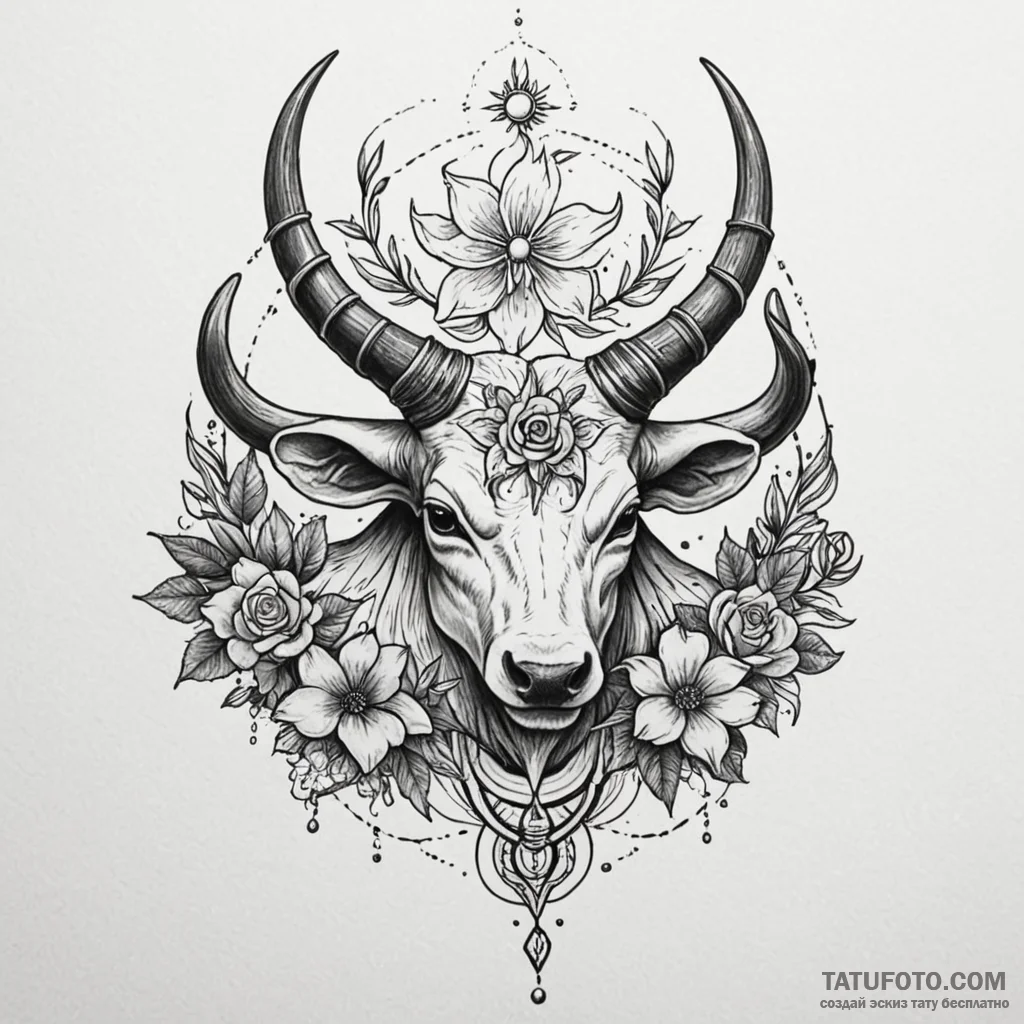 Horned relic beneath celestial bloom, tattoo... - эскиз тату (№1749848624_0, 13.06.2025 21:03) — Tatufoto.com
