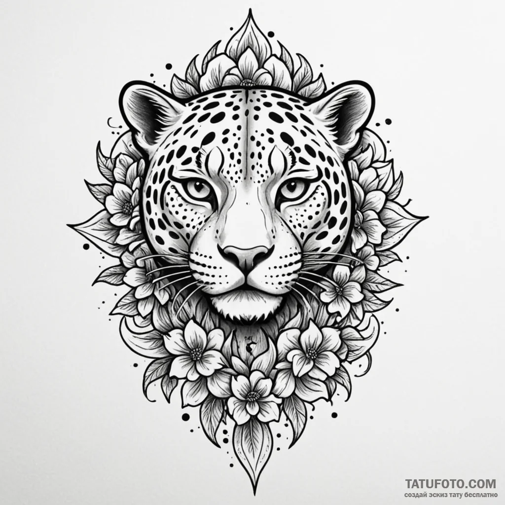 Jaguar relic beneath celestial bloom, tattoo... - эскиз тату (№1749849367_0, 13.06.2025 21:16) — Tatufoto.com