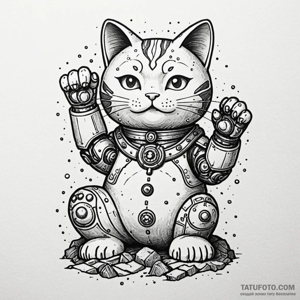 Maneki-neko (lucky cat) with a robotic, wavin... - эскиз тату (№1749851432_0, 13.06.2025 21:50) — Tatufoto.com