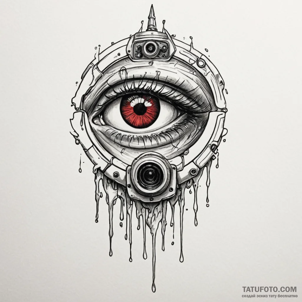 Security camera with a single, red, weeping e... - эскиз тату (№1749851902_0, 13.06.2025 21:58) — Tatufoto.com