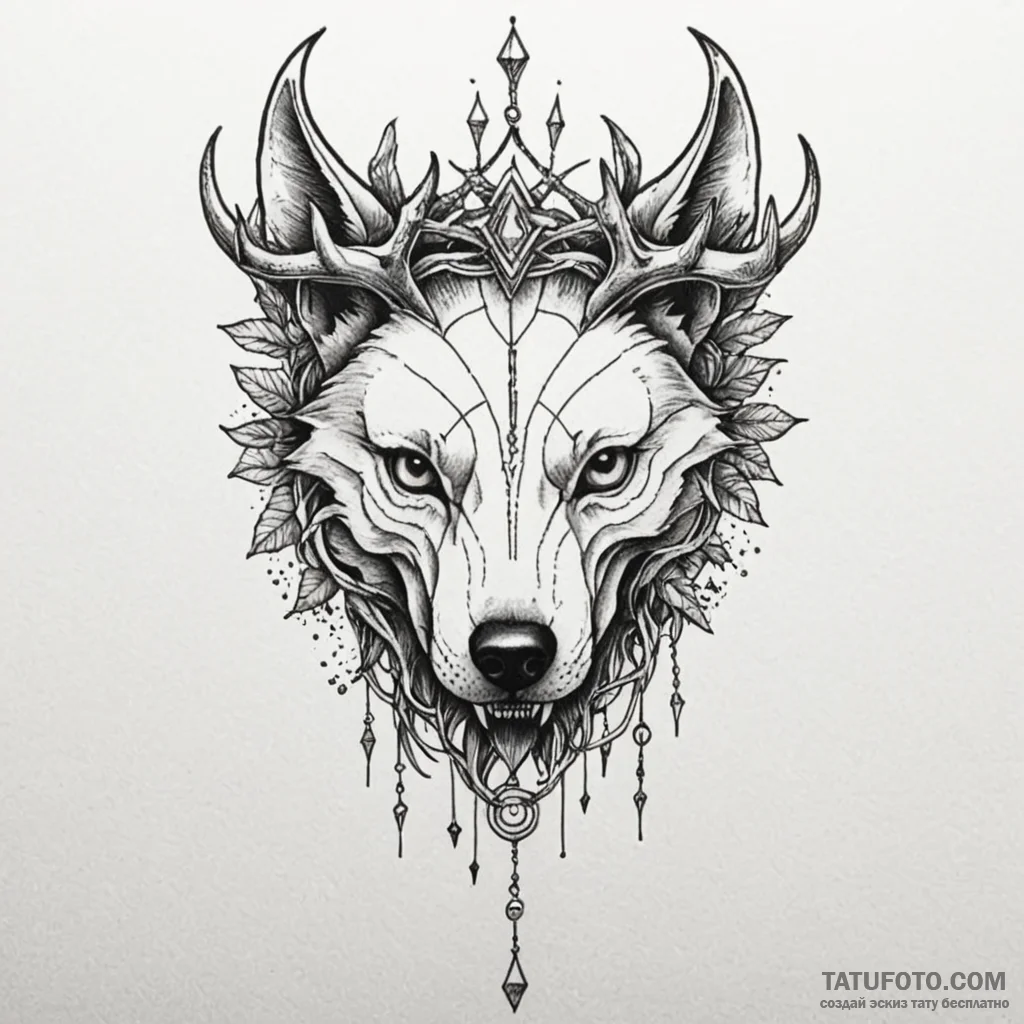 Wolf skull crowned with roots, tattoo drawing... - эскиз тату (№1749852308_0, 13.06.2025 22:05) — Tatufoto.com