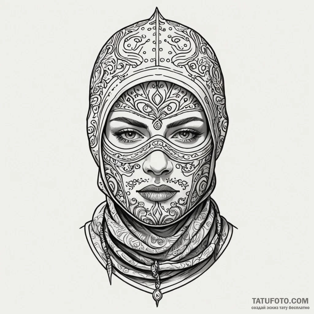 A detailed balaclava mask, mysterious,, tatto... - эскиз тату (№1749854632_0, 13.06.2025 22:43) — Tatufoto.com