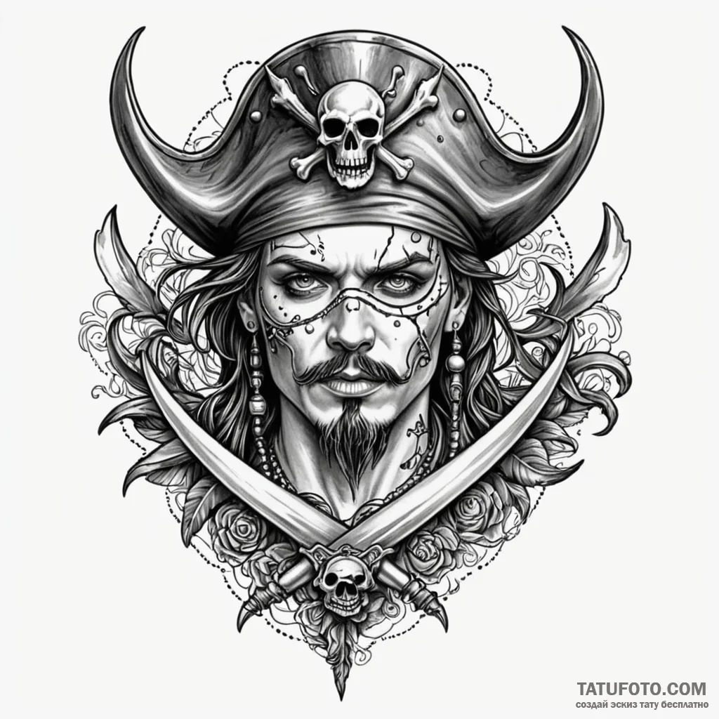 Pirate eyepatch beneath bone crown, concept a... - эскиз тату (№1749856727_0, 13.06.2025 23:18) — Tatufoto.com