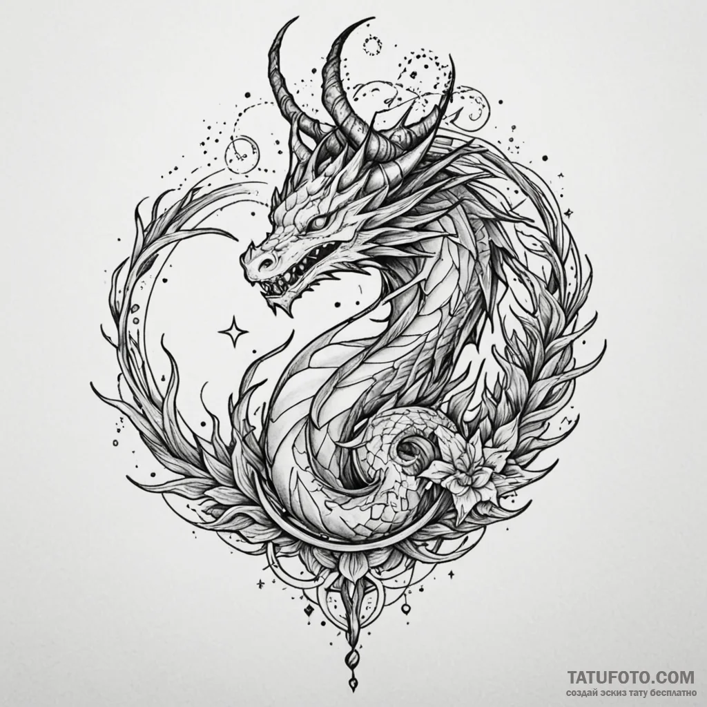 Astral dragon spiraling through stars, tattoo... - эскиз тату (№1749857606_0, 13.06.2025 23:33) — Tatufoto.com