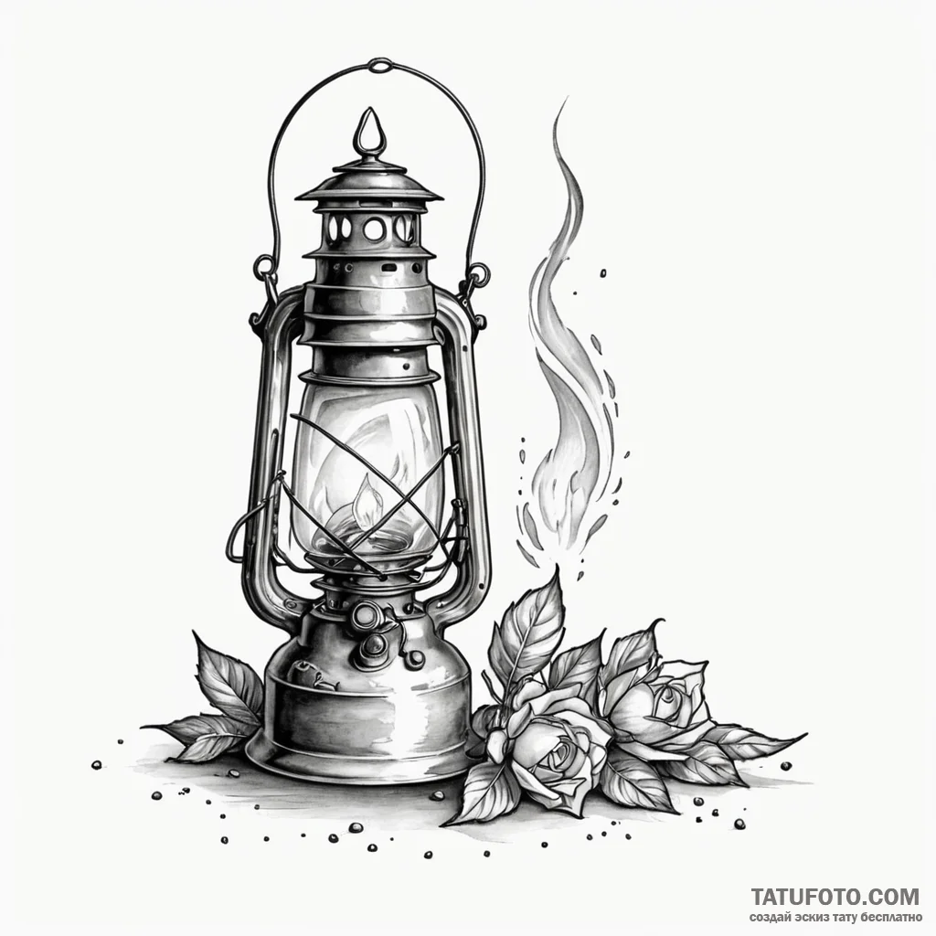 An antique lantern casting long shadows, tatt... - эскиз тату (№1749857673_0, 13.06.2025 23:34) — Tatufoto.com