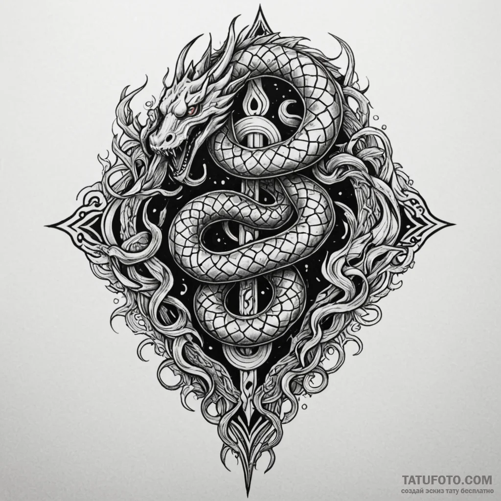 Iron serpent beneath burning sky, tattoo sket... - эскиз тату (№1749858213_0, 13.06.2025 23:43) — Tatufoto.com