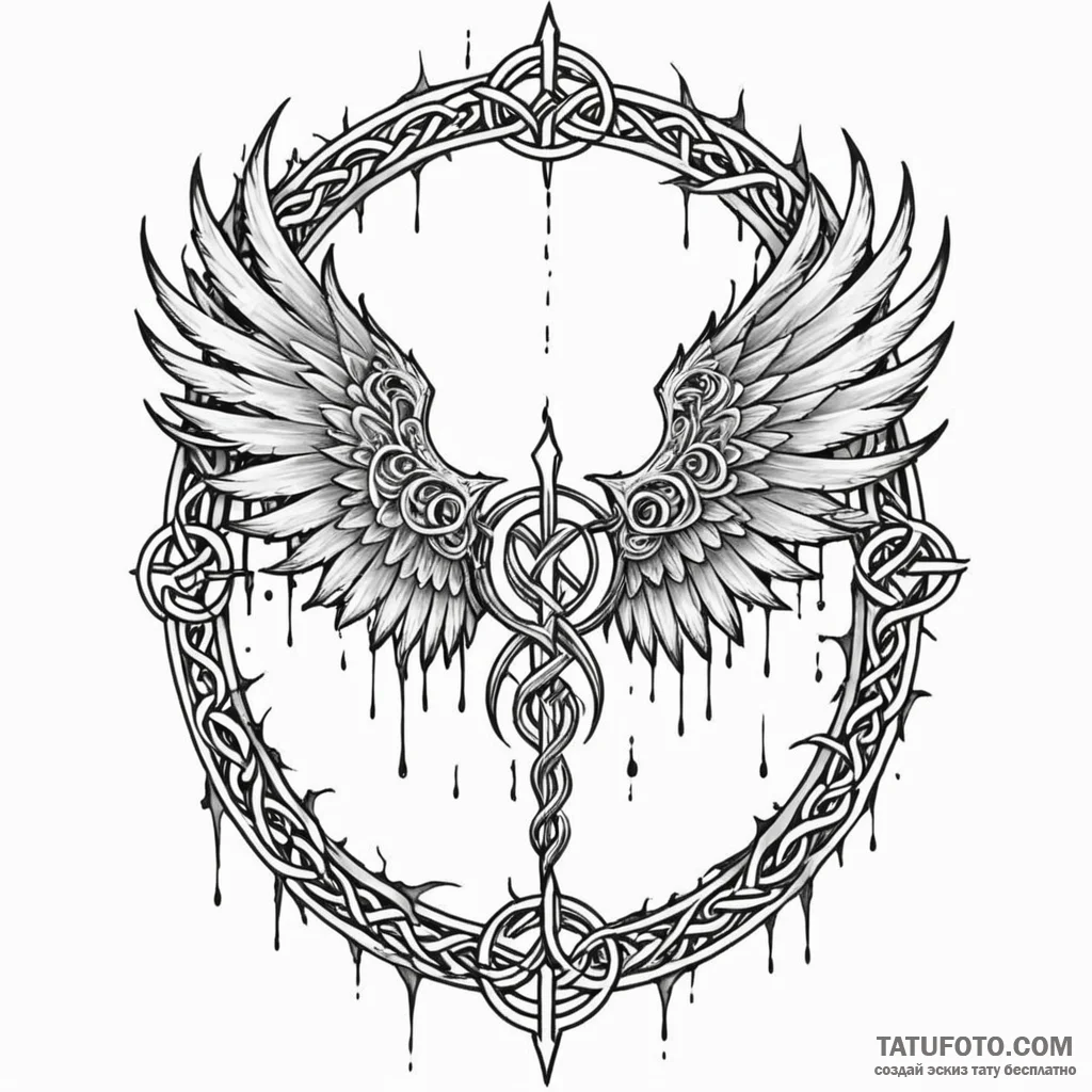Knotwork wings beneath shattered gate, ink il... - эскиз тату (№1749889051_0, 14.06.2025 08:17) — Tatufoto.com