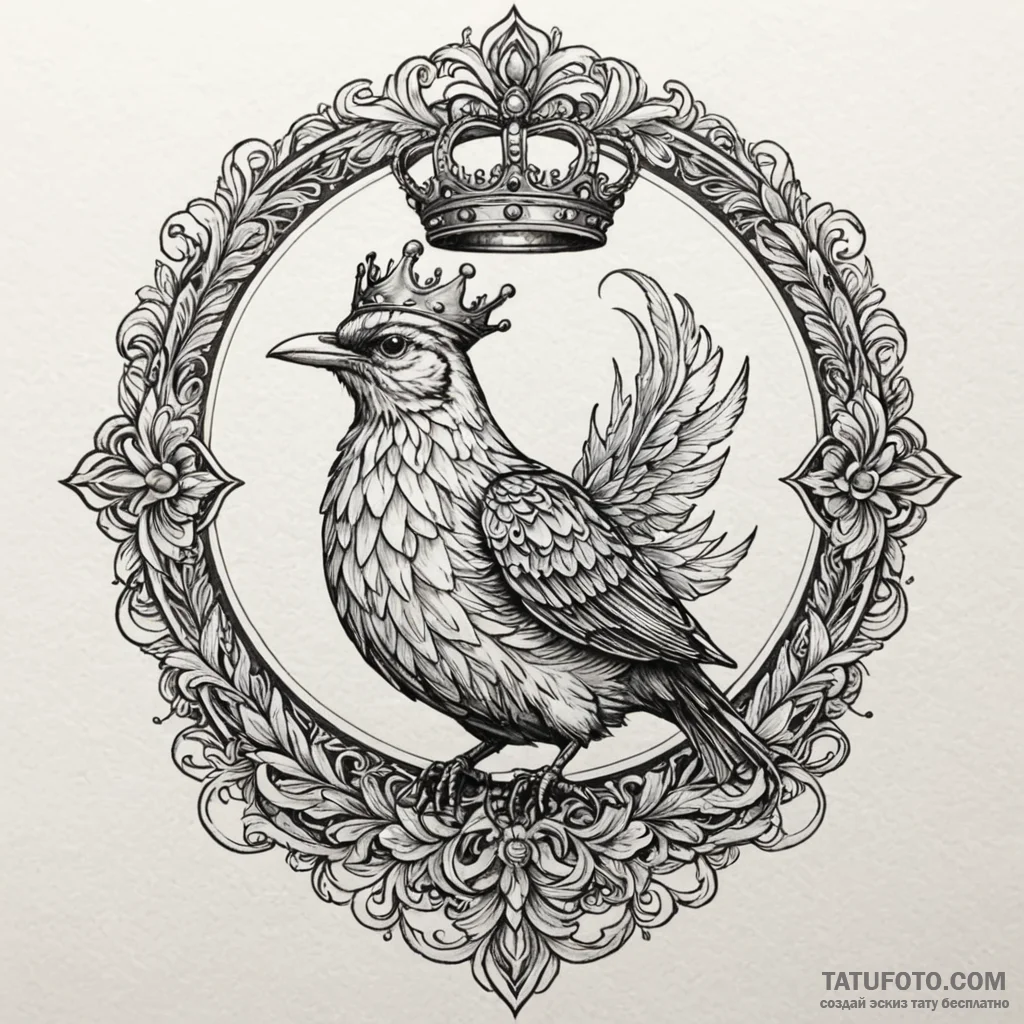 A whimsical bird with a crown, regal,, tattoo... - эскиз тату (№1749889185_0, 14.06.2025 08:19) — Tatufoto.com