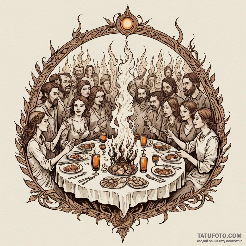 An authentic medieval feast in a grand hall,... - эскиз тату (№1749892609_0, 14.06.2025 09:16) — Tatufoto.com