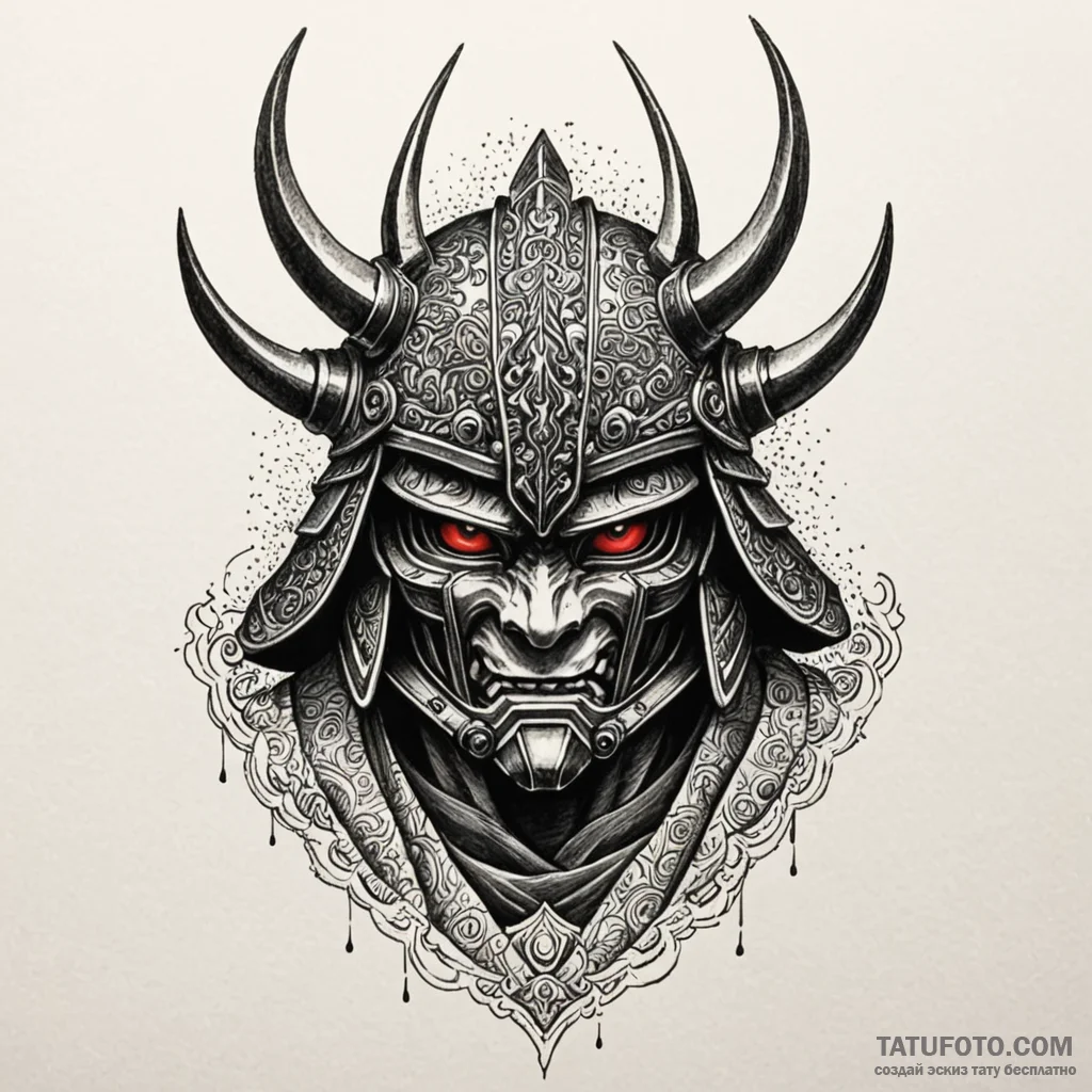 A samurai warrior's helmet (kabuto), ink illu... - эскиз тату (№1749892677_0, 14.06.2025 09:17) — Tatufoto.com