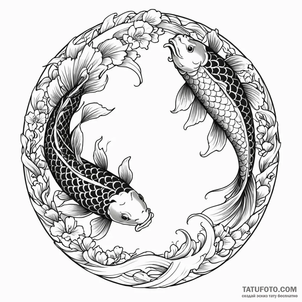 Koi fish pair, one dark and one light, swimmi... - эскиз тату (№1749892809_0, 14.06.2025 09:20) — Tatufoto.com