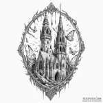 Moth cocoon beneath shattered spire, concept… — эскиз тату (№1749896449_0, 14.06.2025 10:20) — Tatufoto.com