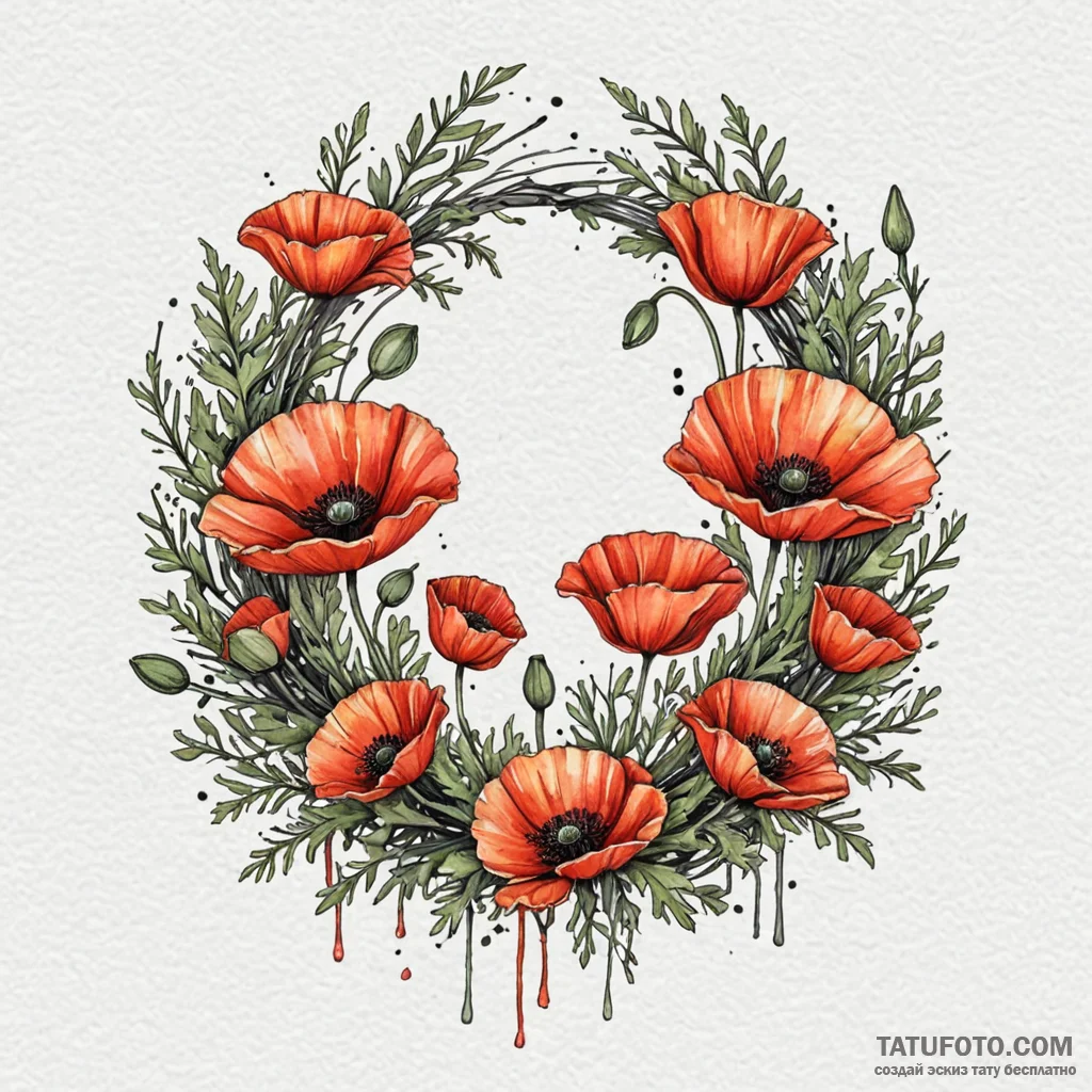 Poppy wreath beneath spectral sky, concept ar... - эскиз тату (№1749898659_0, 14.06.2025 10:57) — Tatufoto.com