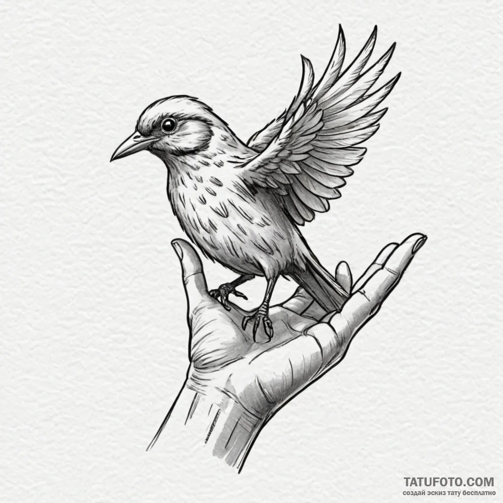 A whimsical bird in a hand, small,, ink illus... - эскиз тату (№1749900977_0, 14.06.2025 11:36) — Tatufoto.com