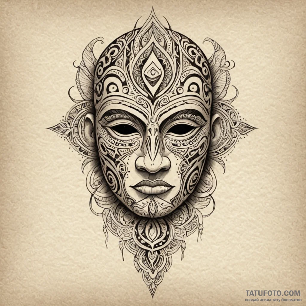 Maori-style mask with glowing inlay, tattoo s... - эскиз тату (№1749901714_0, 14.06.2025 11:48) — Tatufoto.com