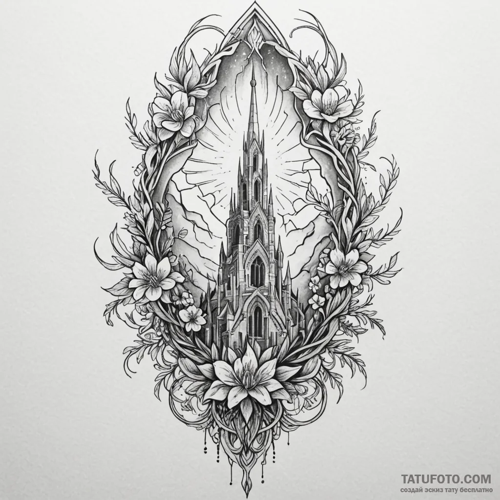 Phoenix bloom through fractured spire, tattoo... - эскиз тату (№1749902318_0, 14.06.2025 11:58) — Tatufoto.com
