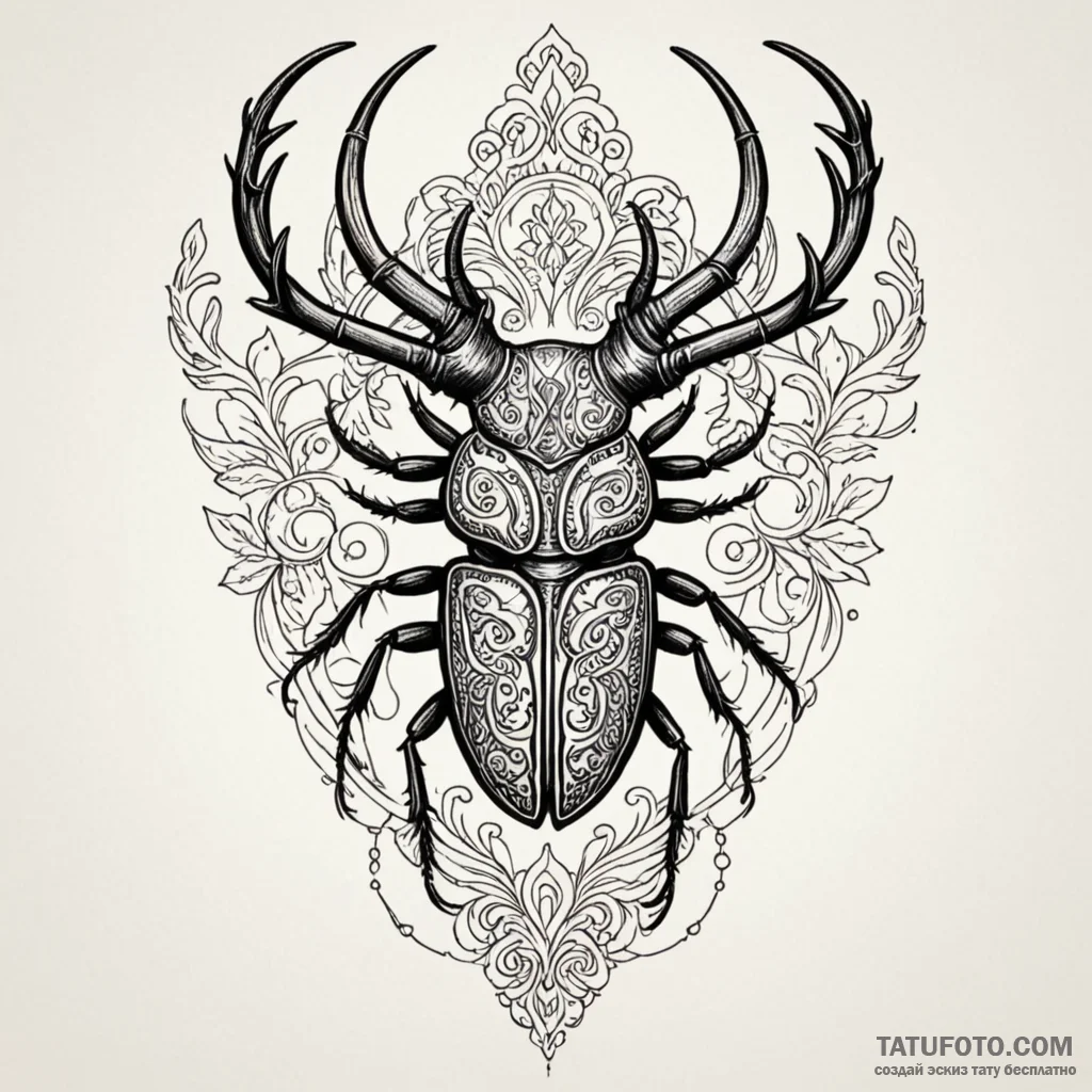 A stag beetle with ornate horns, tattoo drawi... - эскиз тату (№1749902451_0, 14.06.2025 12:00) — Tatufoto.com