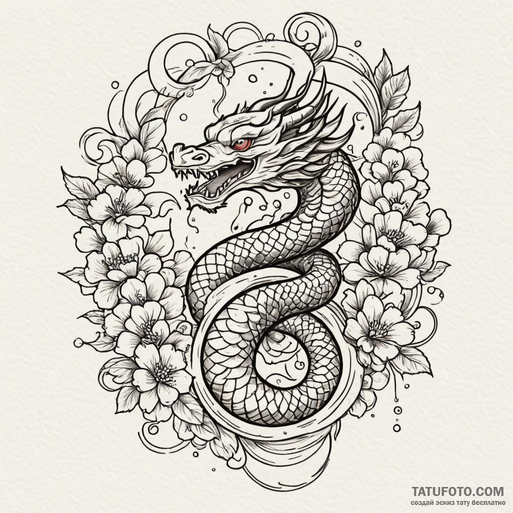 Serpent crown beneath celestial bloom, tattoo... - эскиз тату (№1749905013_0, 14.06.2025 12:43) — Tatufoto.com