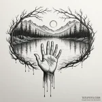 Ghostly hand reaching out from a foggy lake,… — эскиз тату (№1749905950_0, 14.06.2025 12:59) — Tatufoto.com