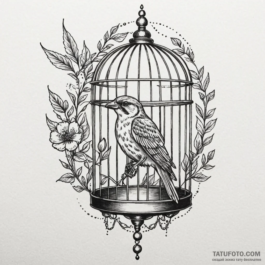 Bird and cage, tattoo drawing outline, profes... - эскиз тату (№1749909912_0, 14.06.2025 14:05) — Tatufoto.com