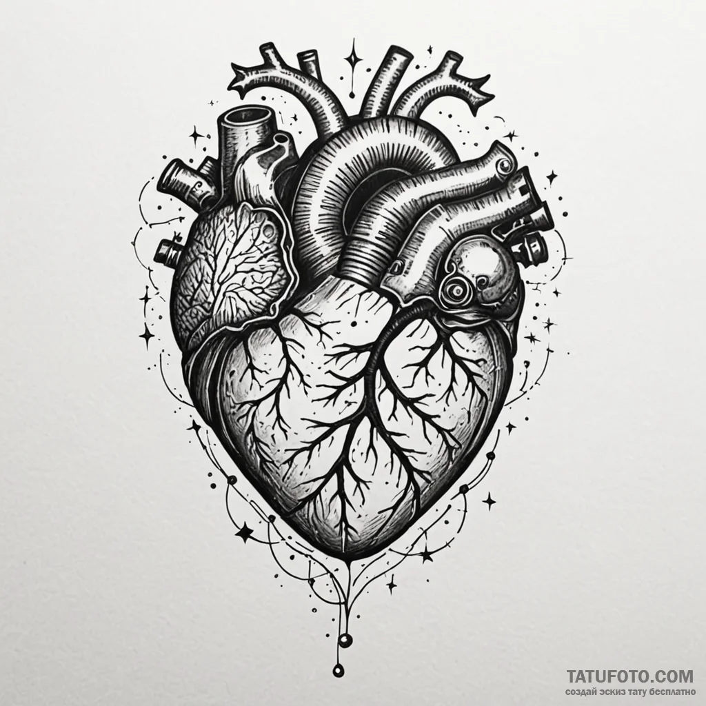 Mechanical heart pumping liquid starlight, in... - эскиз тату (№1749914780_0, 14.06.2025 15:26) — Tatufoto.com