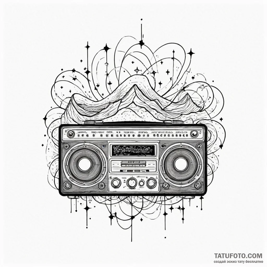 A vintage radio broadcasting sound waves and... - эскиз тату (№1749915841_0, 14.06.2025 15:44) — Tatufoto.com