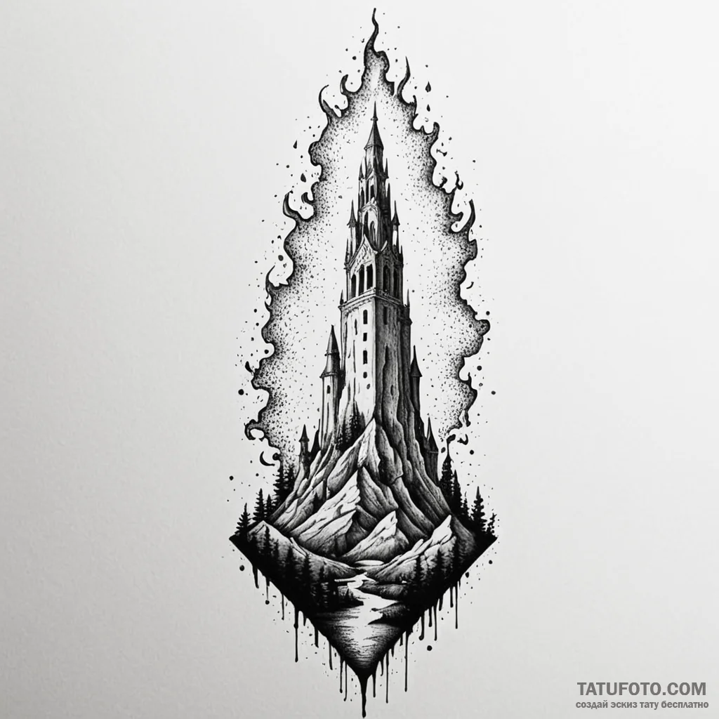 Rising flame beneath spectral spire, ink illu... - эскиз тату (№1749918938_0, 14.06.2025 16:35) — Tatufoto.com