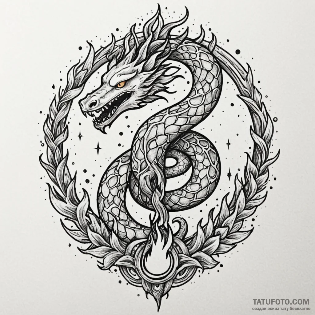 Flaming serpent piercing celestial gate, ink... - эскиз тату (№1749919678_0, 14.06.2025 16:47) — Tatufoto.com