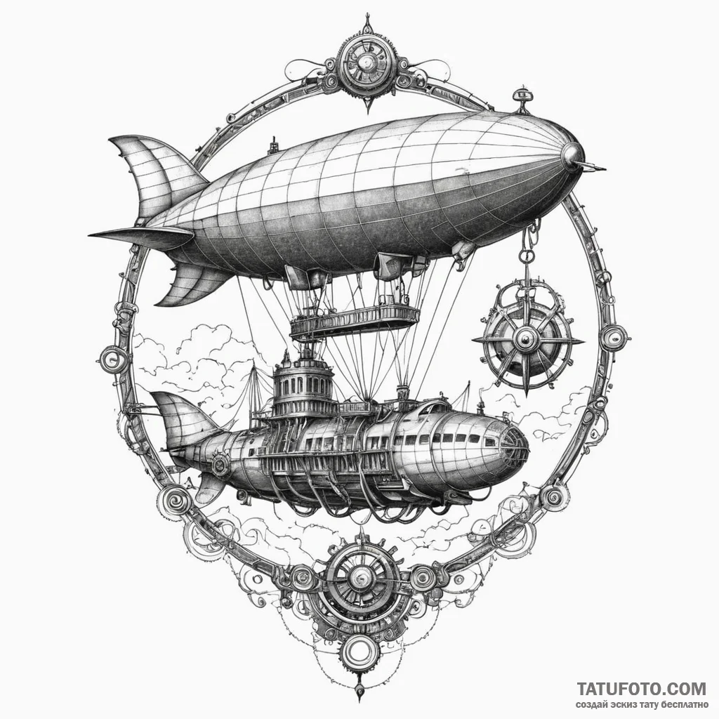 Steampunk airship, tattoo flash sheet design,... - эскиз тату (№1749919746_0, 14.06.2025 16:49) — Tatufoto.com