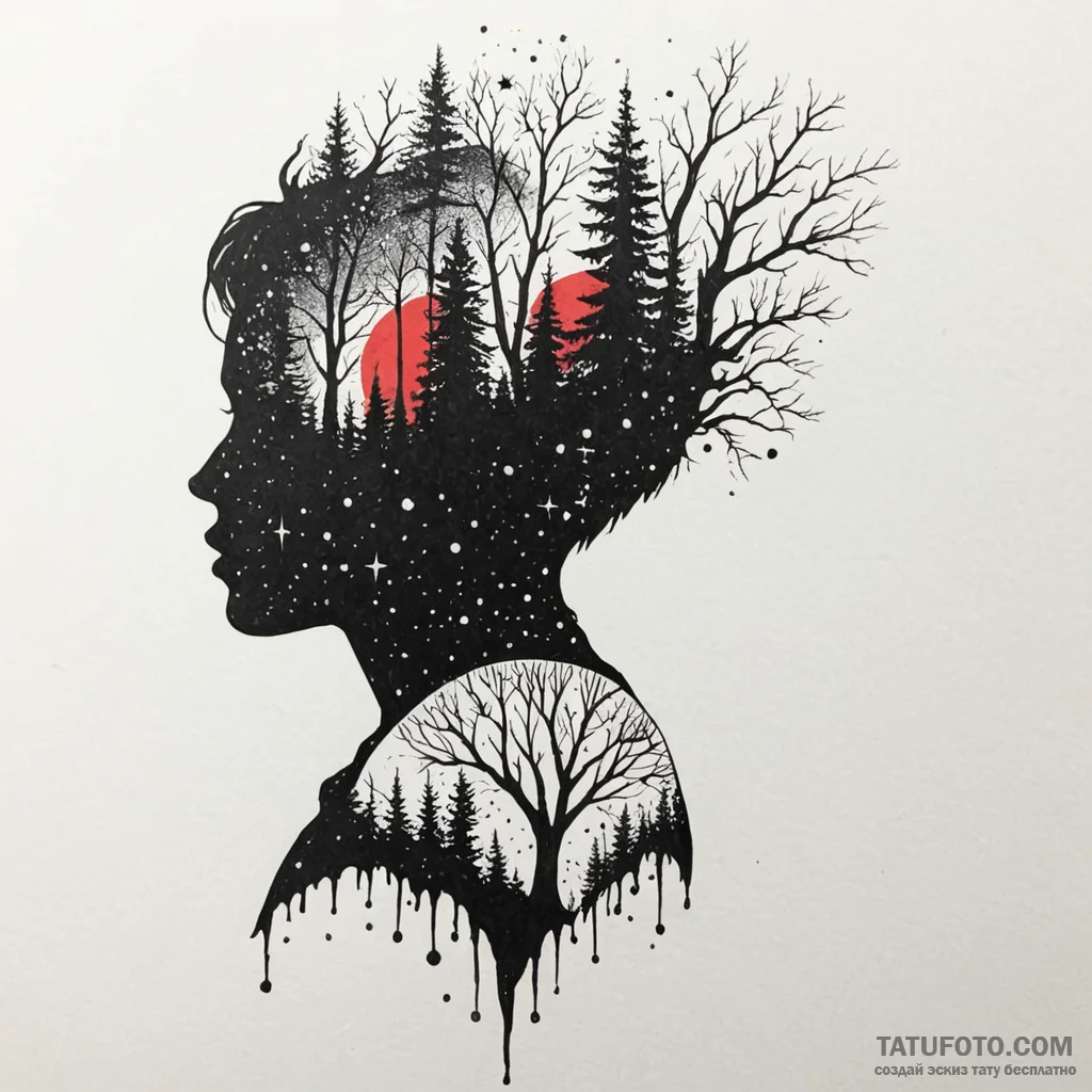 A human silhouette filled with a forest/galax... - эскиз тату (№1749920690_0, 14.06.2025 17:04) — Tatufoto.com