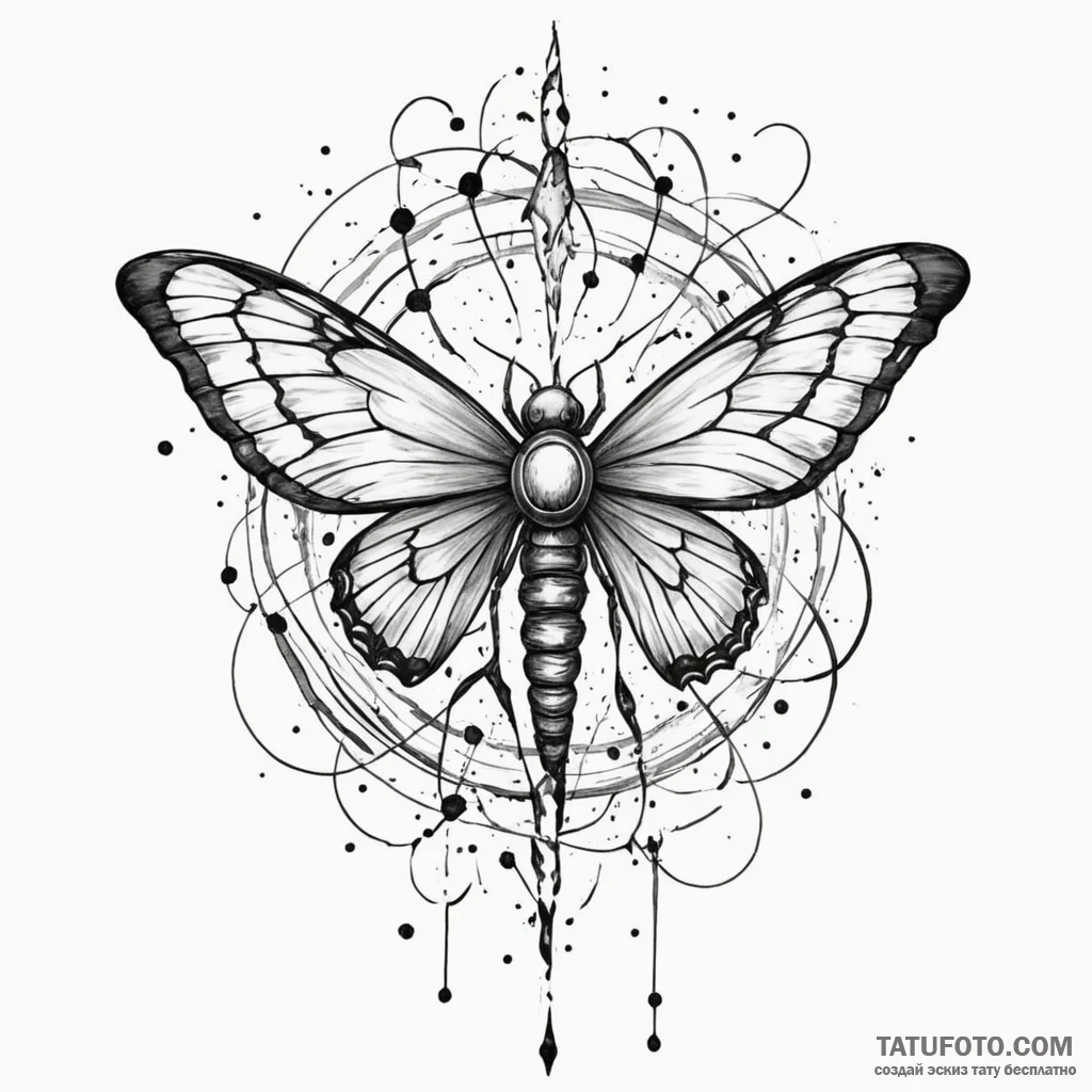 Atomic moth in shattered space, ink illustrat... - эскиз тату (№1749927620_0, 14.06.2025 19:00) — Tatufoto.com