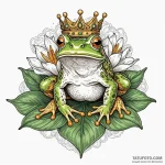 Frog sitting on a lily pad, wearing a tiny cr… — эскиз тату (№1749930656_0, 14.06.2025 19:50) — Tatufoto.com