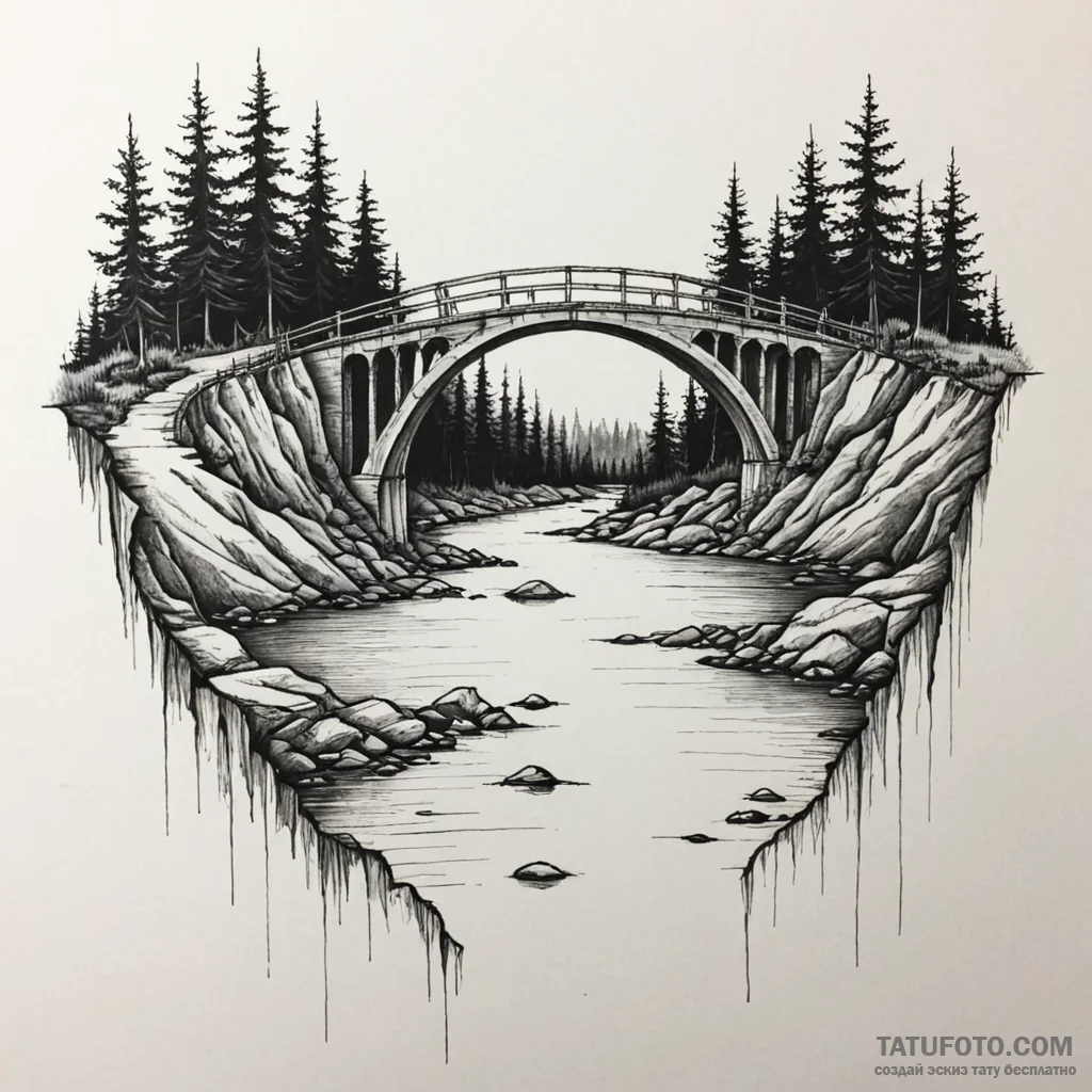 Ruined bridge over spectral river, tattoo lin... - эскиз тату (№1749932073_0, 14.06.2025 20:14) — Tatufoto.com