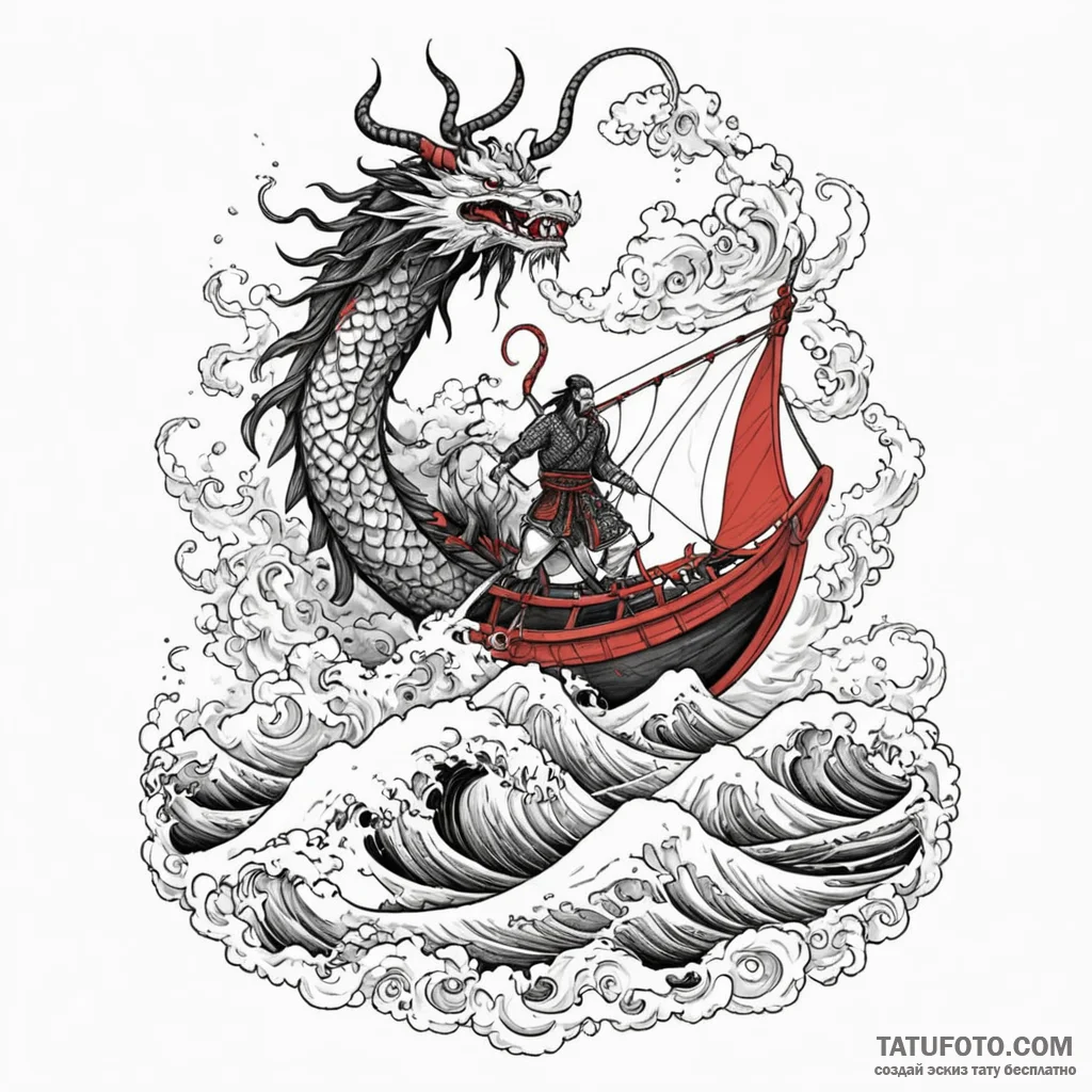 Drakkar (viking longship) sailing through a s... - эскиз тату (№1749932959_0, 14.06.2025 20:29) — Tatufoto.com