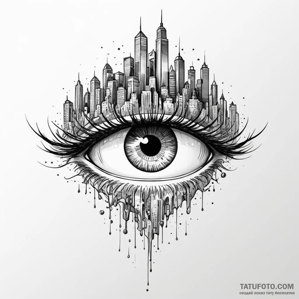 City skyline reflected in a single, cyberneti... - эскиз тату (№1749933973_0, 14.06.2025 20:46) — Tatufoto.com