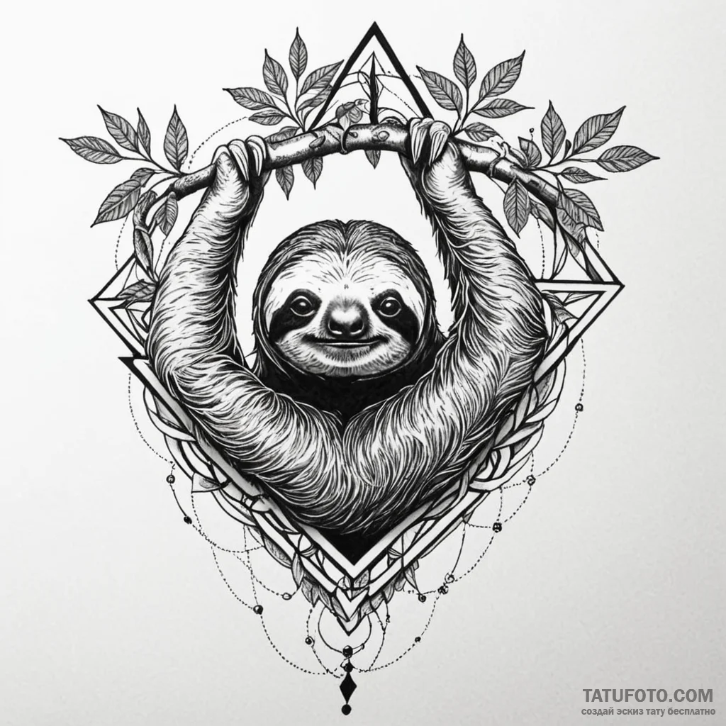 Sloth hanging from a branch of the world tree... - эскиз тату (№1749934917_0, 14.06.2025 21:01) — Tatufoto.com