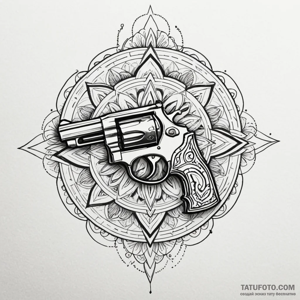 Revolver, concept art for tattoo, on a clean... - эскиз тату (№1749935185_0, 14.06.2025 21:06) — Tatufoto.com