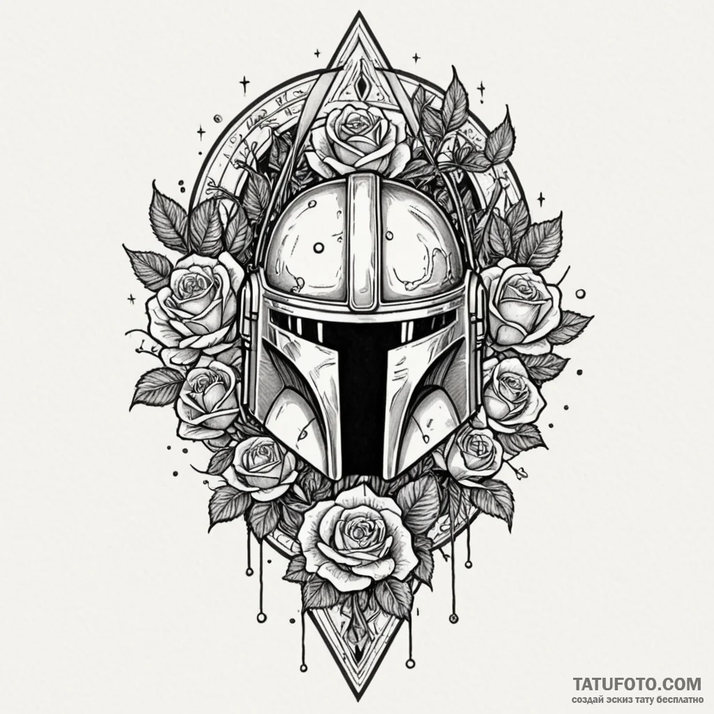 Mandalorian helmet, reflecting a twin-sun sun... - эскиз тату (№1749937736_0, 14.06.2025 21:48) — Tatufoto.com