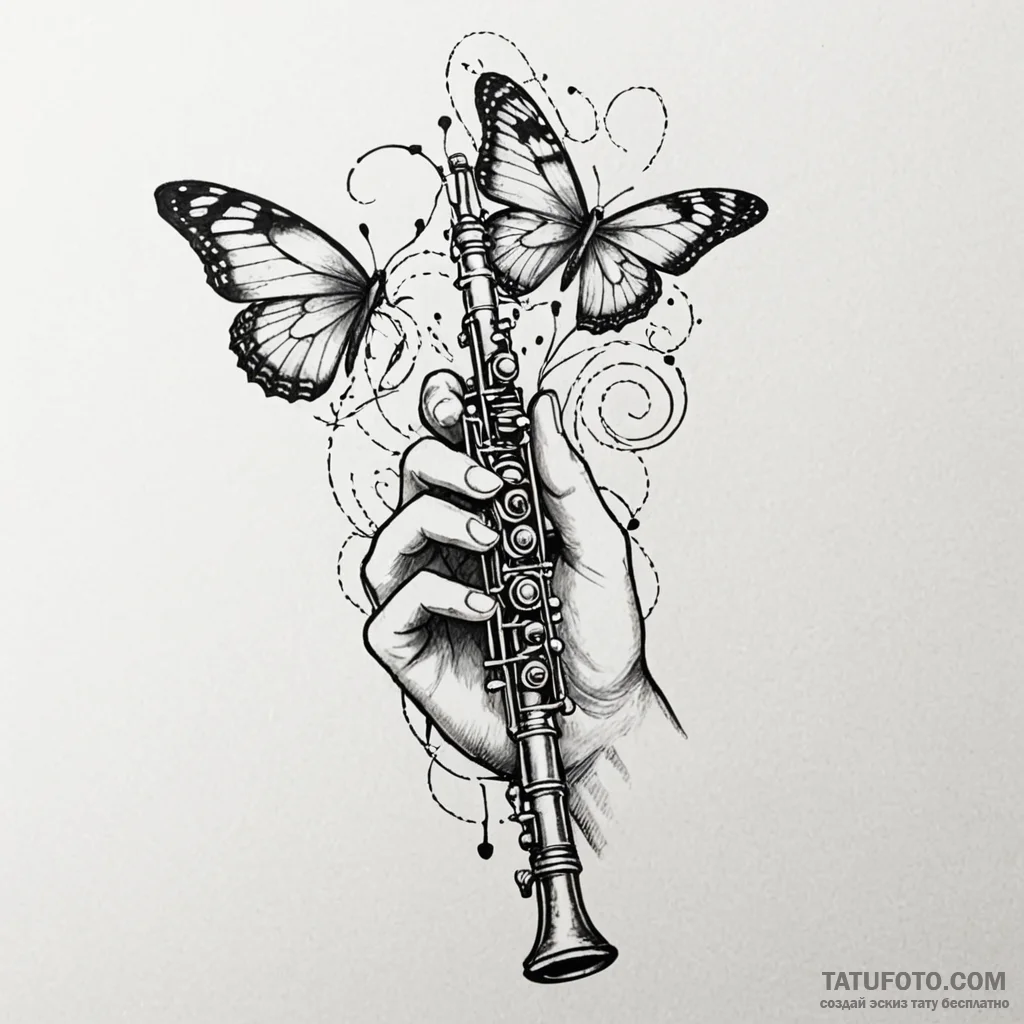Flute being played by unseen hands, notes tur... - эскиз тату (№1749939441_0, 14.06.2025 22:17) — Tatufoto.com