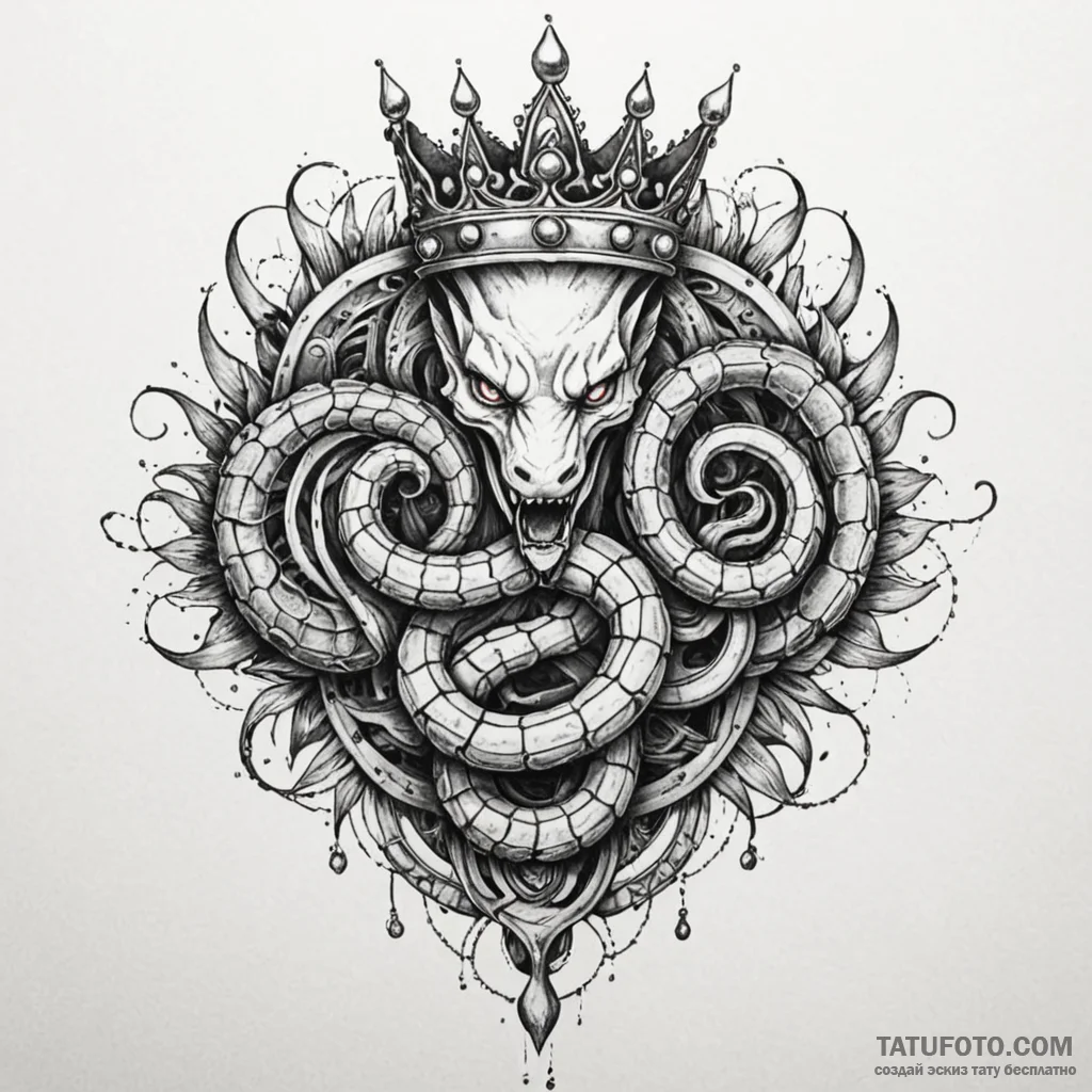 Blood serpent coiled around crown, tattoo dra... - эскиз тату (№1749940331_0, 14.06.2025 22:32) — Tatufoto.com