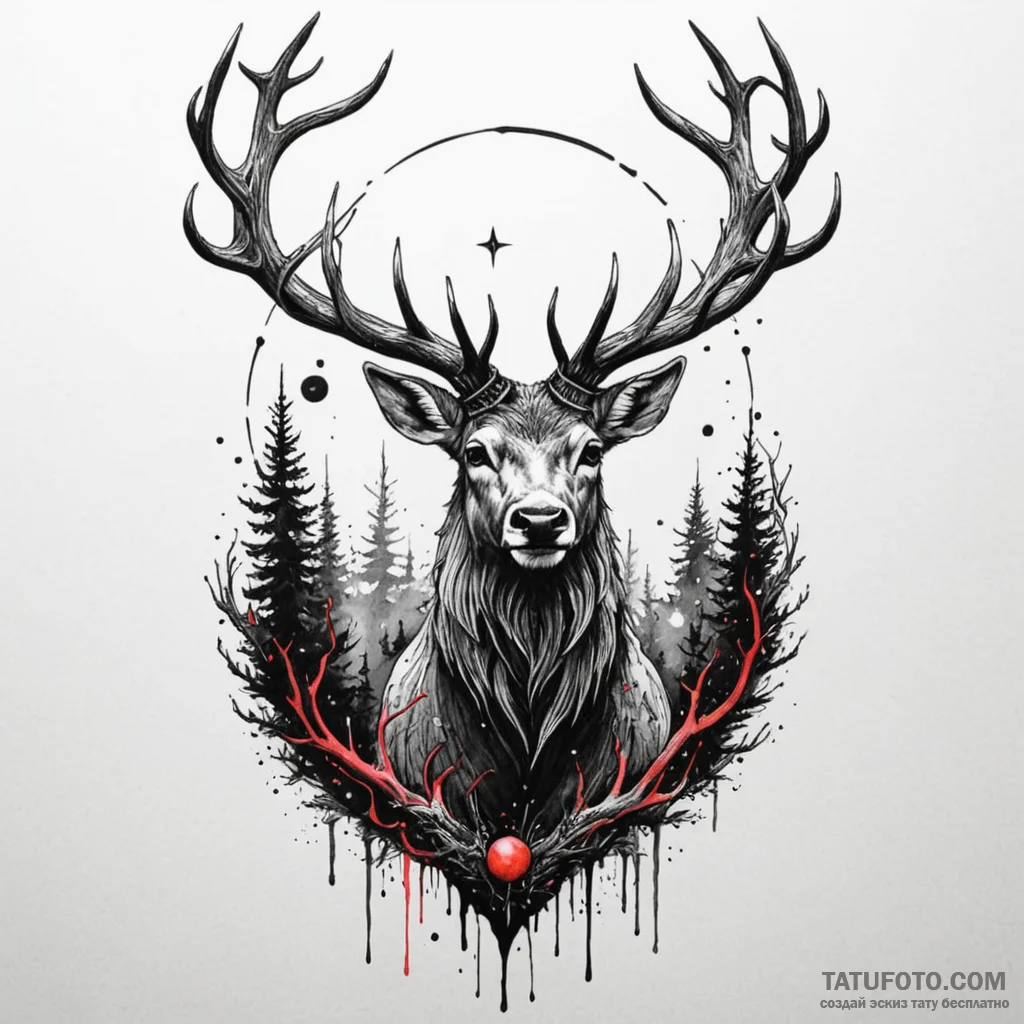 Angelic stag in cosmic forest, tattoo sketch... - эскиз тату (№1749944911_0, 14.06.2025 23:48) — Tatufoto.com