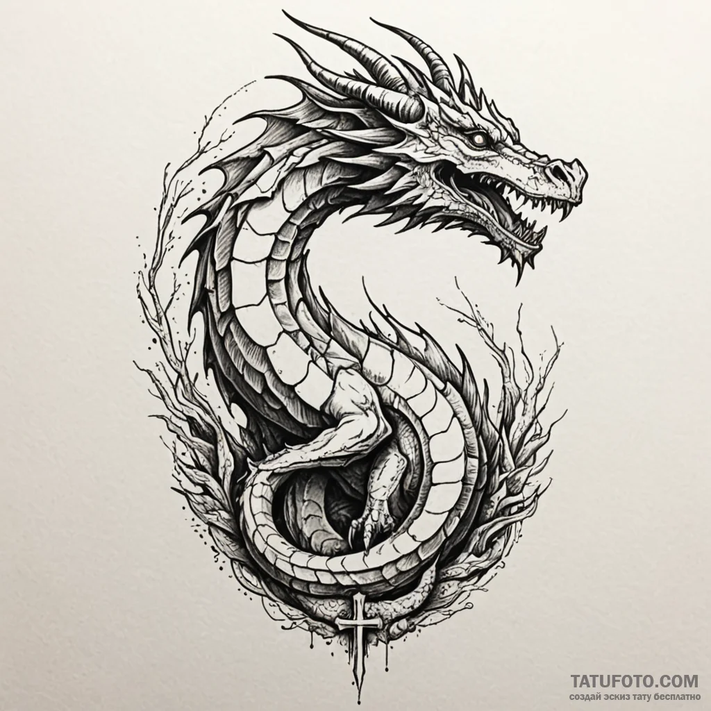 Fossil of a dragon embedded in stone, tattoo... - эскиз тату (№1749949264_0, 15.06.2025 01:01) — Tatufoto.com