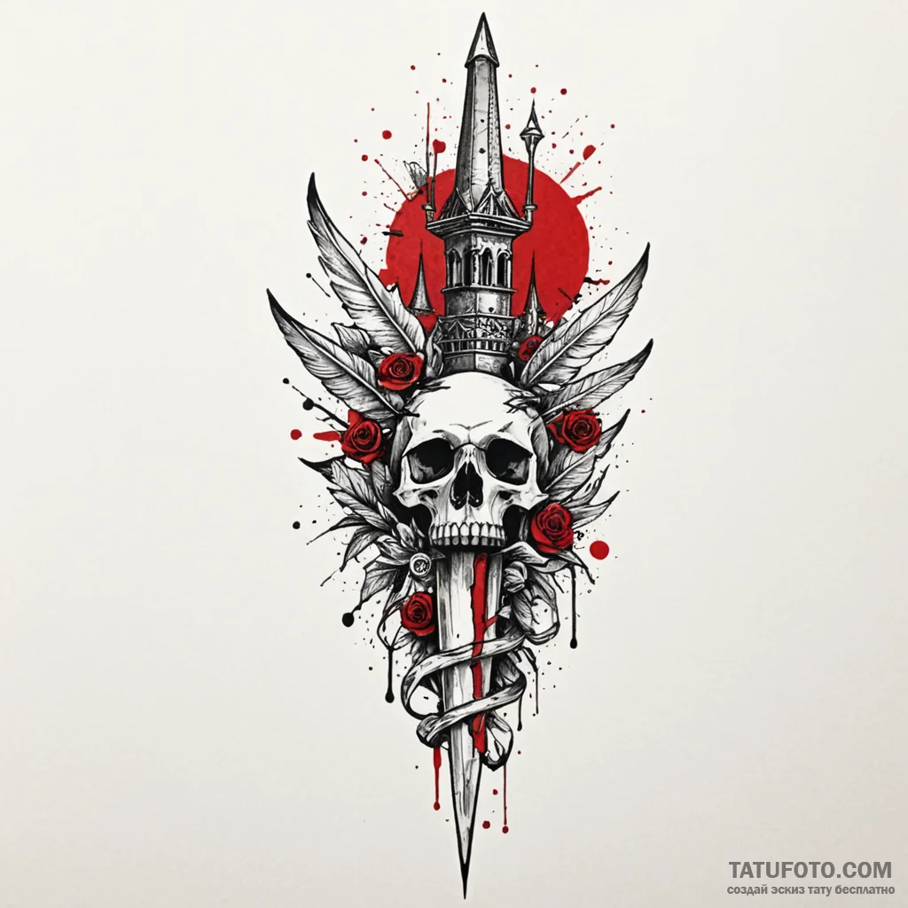 Feathered dagger beneath bone spire, tattoo l... - эскиз тату (№1749954897_0, 15.06.2025 02:34) — Tatufoto.com