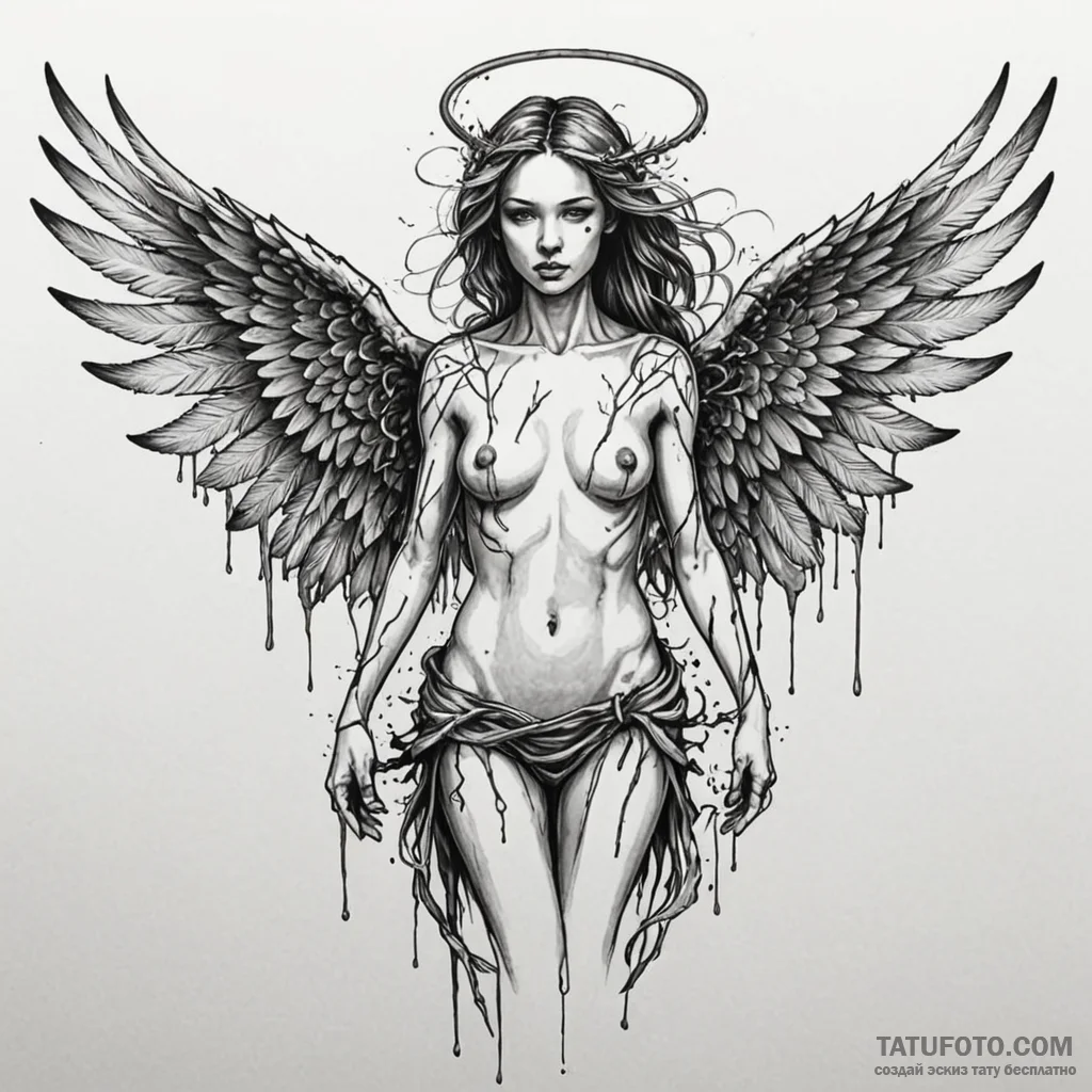 Apocalyptic angel with shredded wings, ink il... - эскиз тату (№1749959174_0, 15.06.2025 03:46) — Tatufoto.com