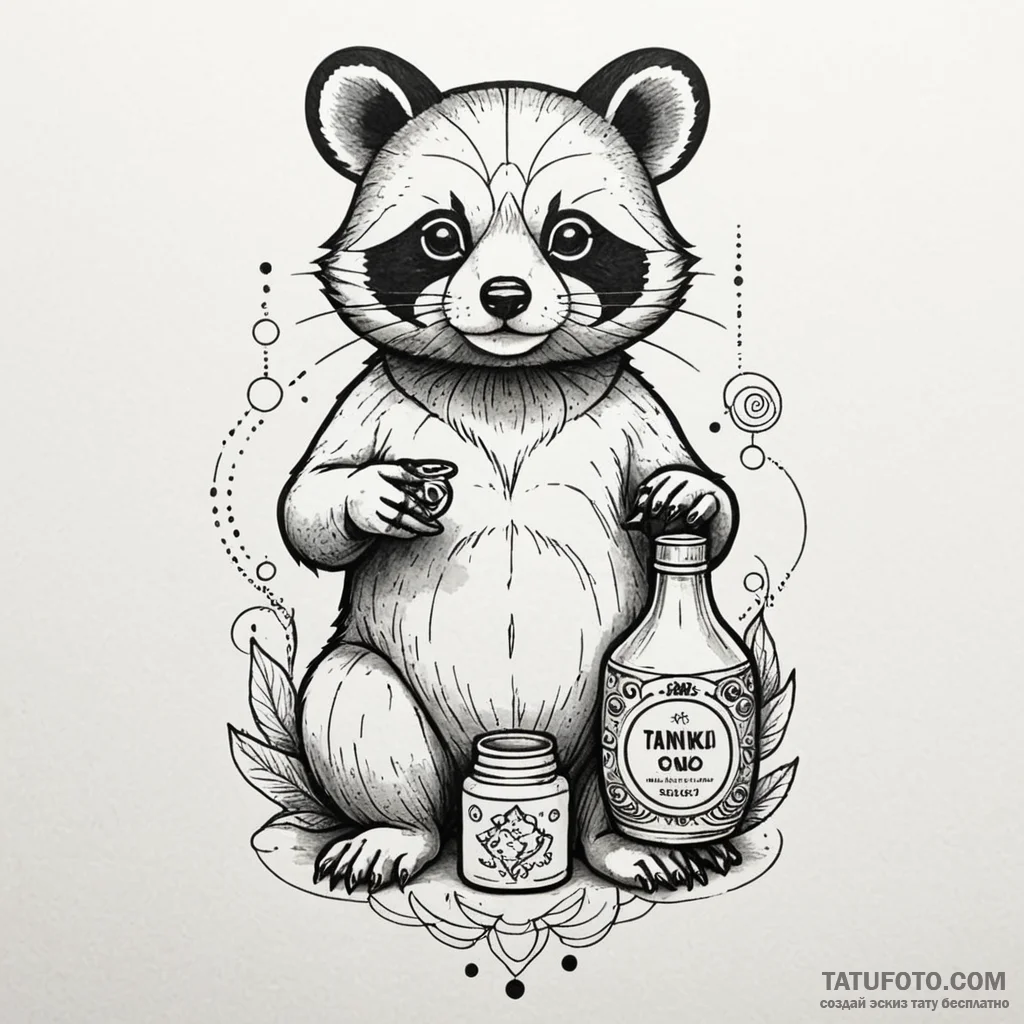 A tanuki with its sake bottle, tattoo flash s... - эскиз тату (№1749959402_0, 15.06.2025 03:50) — Tatufoto.com