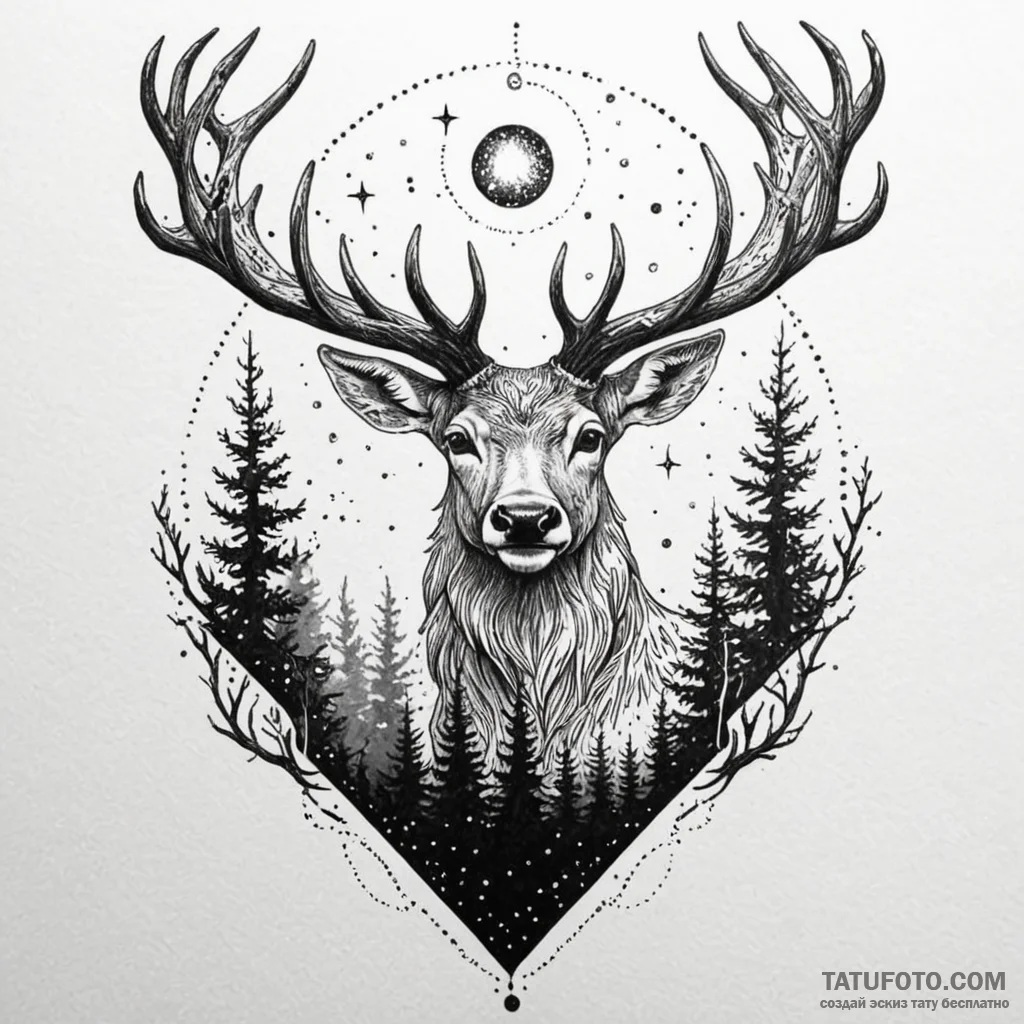 Angelic stag in cosmic forest, tattoo sketch... - эскиз тату (№1749962676_0, 15.06.2025 04:44) — Tatufoto.com