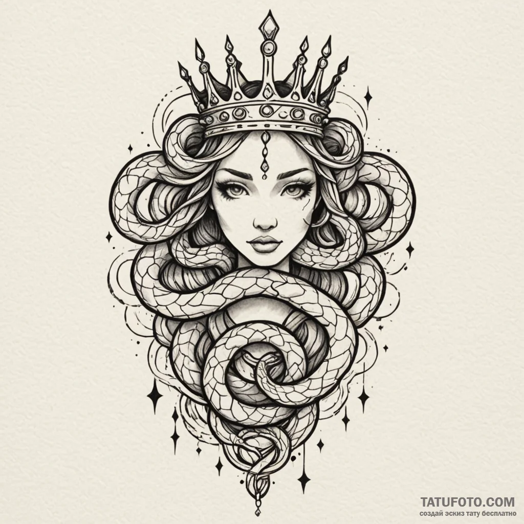 Jewel serpent crowned with stars, tattoo line... - эскиз тату (№1749964624_0, 15.06.2025 05:17) — Tatufoto.com